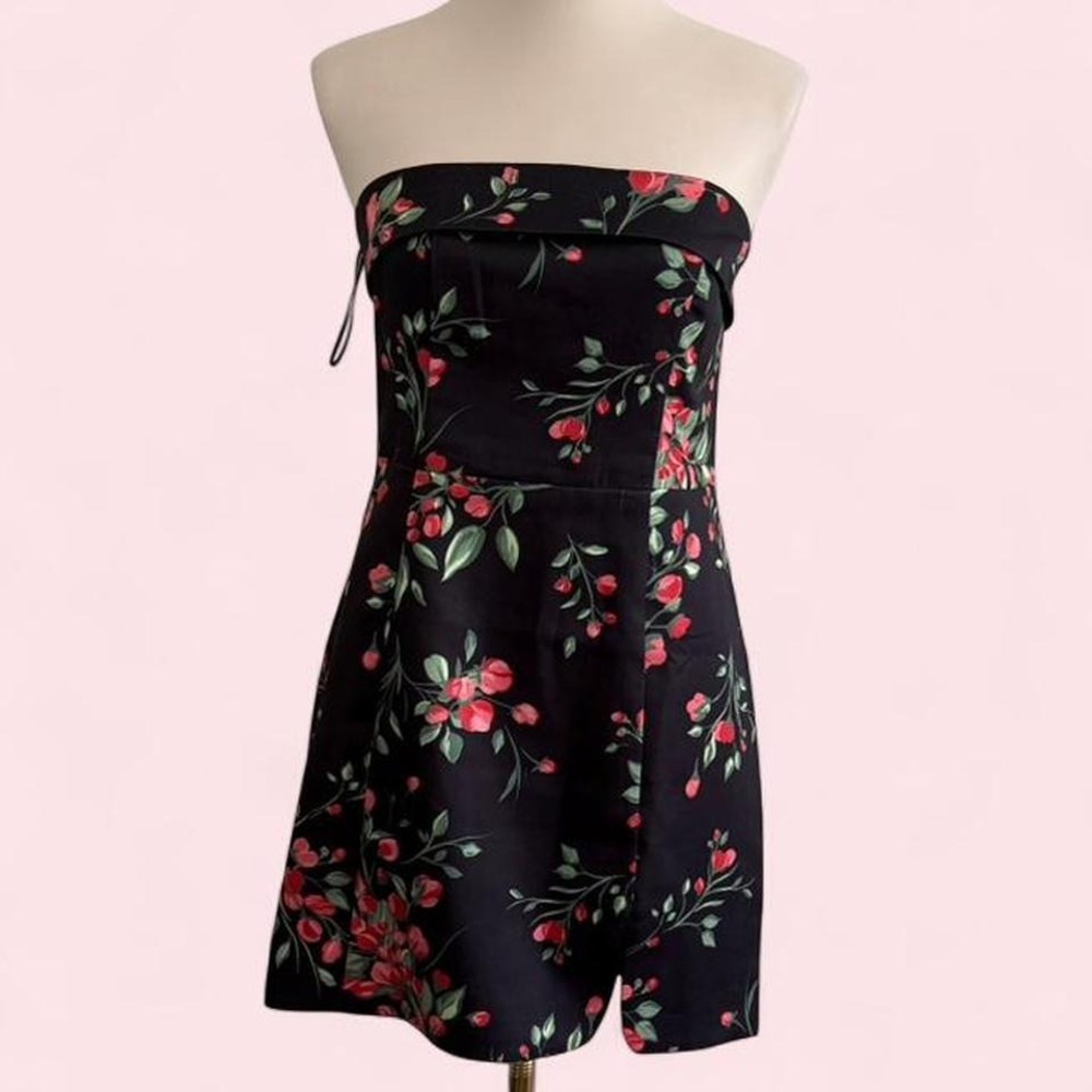 The Frolic Black‎ Floral Rose Strapless Mini Dress